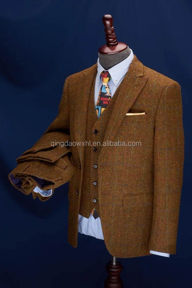 New Design Tweed Slim Fit 3 Piece Checked Coat Pant Men Suit For Wedding
