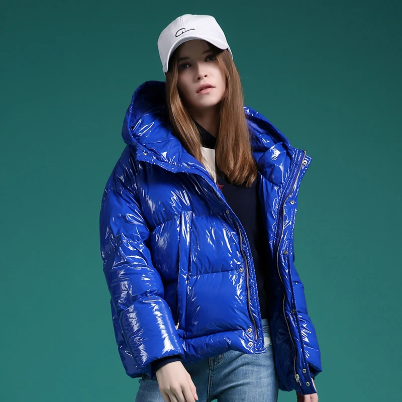Wholesale Winter Jacket Women Fashionable Shiny Bubble Coat Short Sleeves Hooded Collar Waterproof Featuring Decorative Pocket