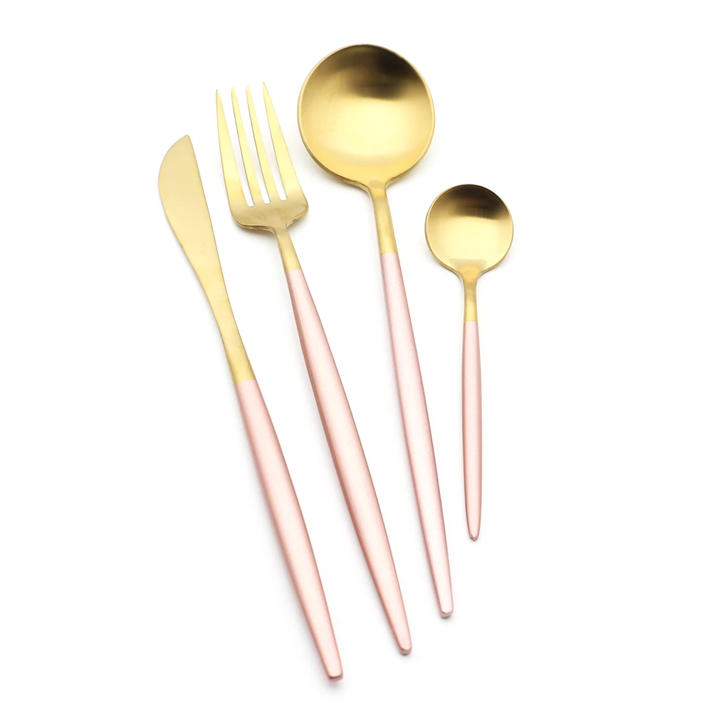 
Flatware manufacturer custom logo hotel wedding 304 Portuguese pink round handle matte gold stainless steel cutlery set 