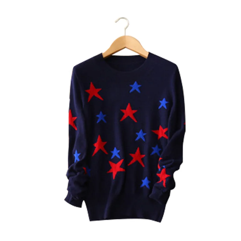 100 cashmere 3 colors sweater contract color stars O neck long sleeve knitting pullovers women s