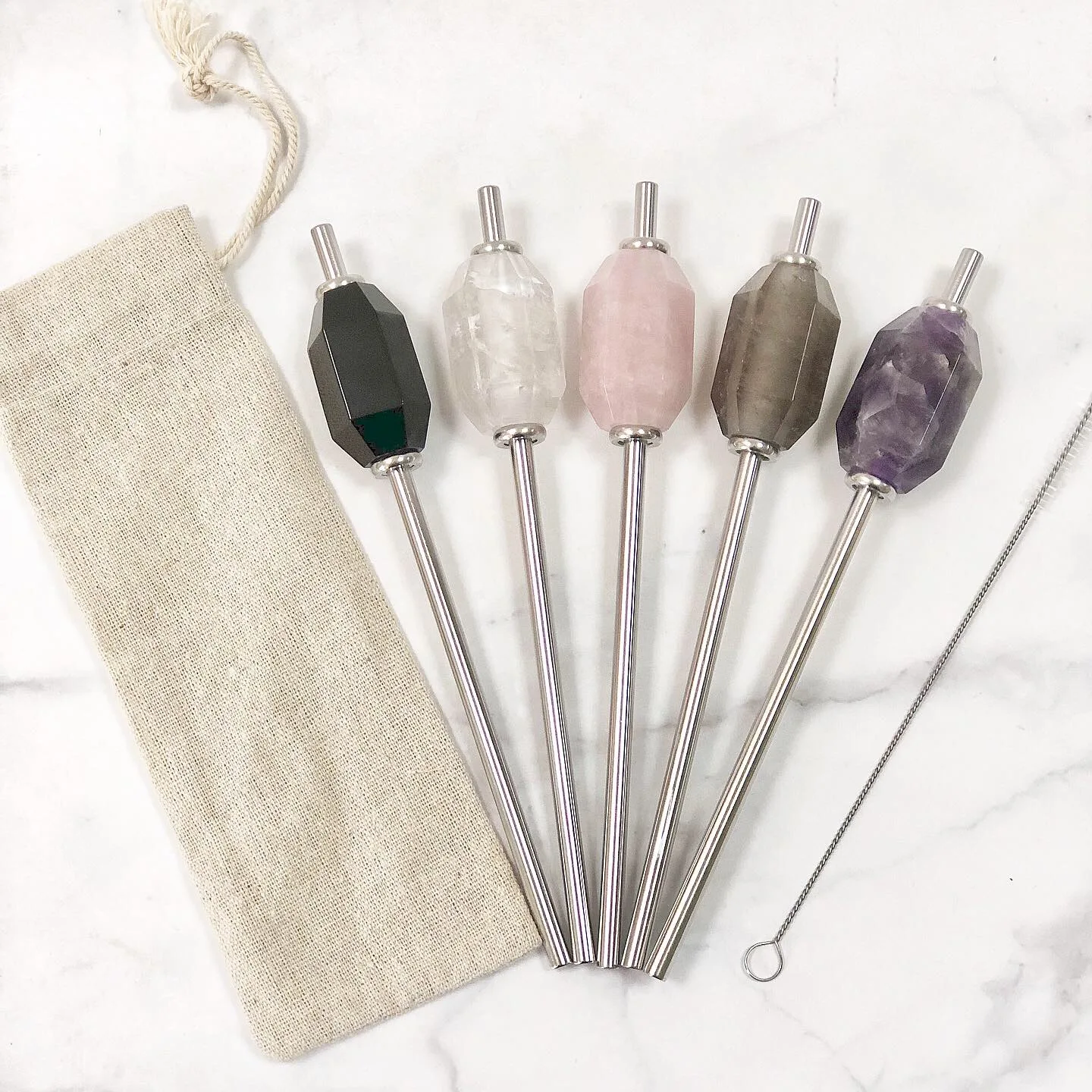 Oem Custom Logo Healing Gemstone Rose Quartz Drinking Straw Stainless Steel Ss Crystal Straws