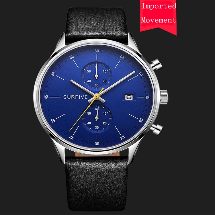 customized 3ATM Waterproof Sapphire Mens Black Genuine Leather Quartz Wrist  Stainless Steel Watch