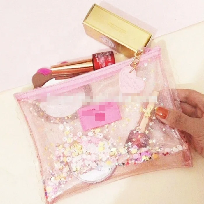 Customized  Mini fashion Glitter Clear Zipper PVC Cute Girl Beauty cosmetic  Bag