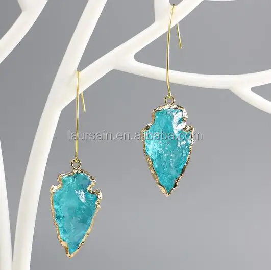 LS-D6573 Amazing Aqua Crystal Quartz arrowhead pendant earring 24 real gold plating