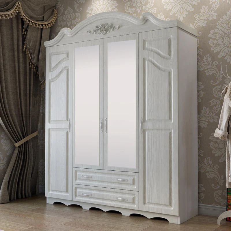 white Bedroom armoire wardrobe with mirror design 2 drawers sliding rollers cabinet 4 door mdf storage with hangers