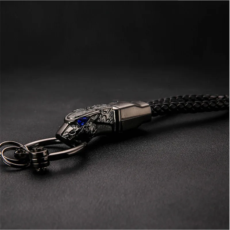 Leopard Head High - Grade Metal Key Ring - Blue - Drill Car Keychain Custom Key Chain Braided leather rope