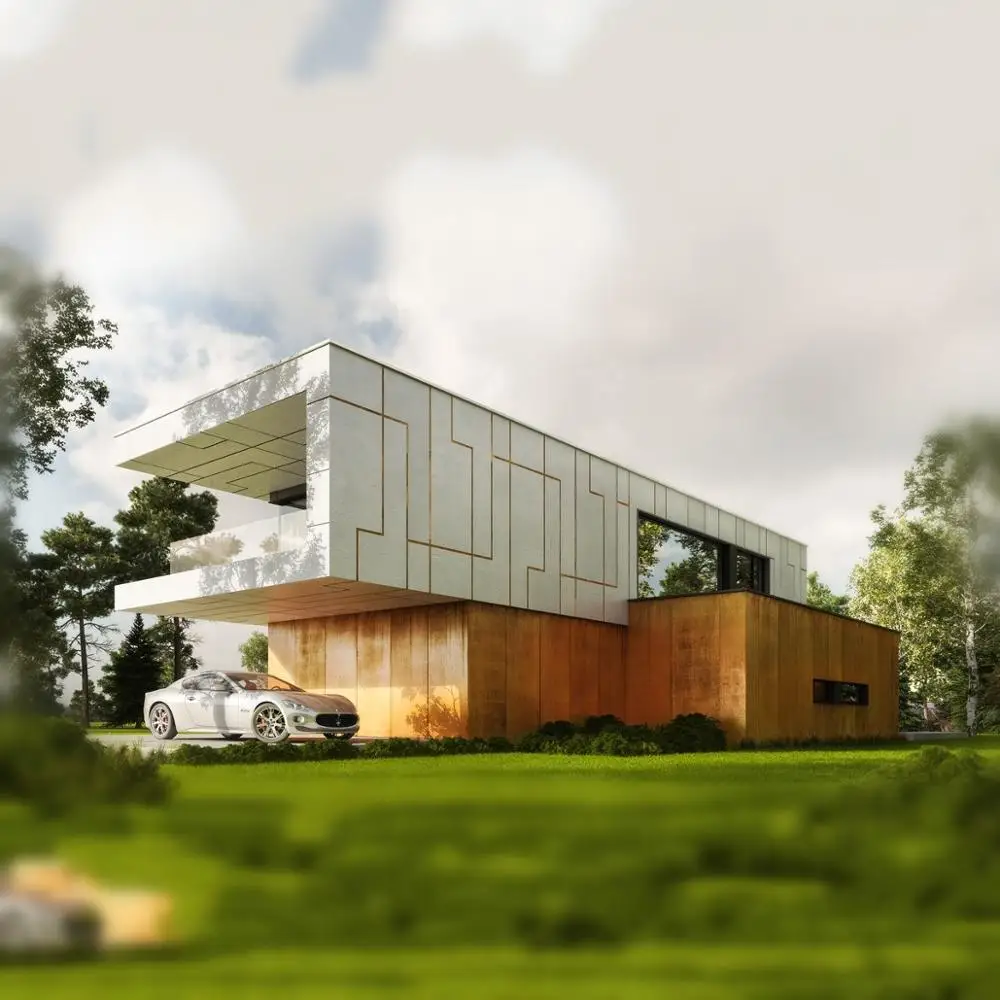 Hysun double layer container home with parking 40ft container house with WPC board and wooden exterior wall deco and FCB board