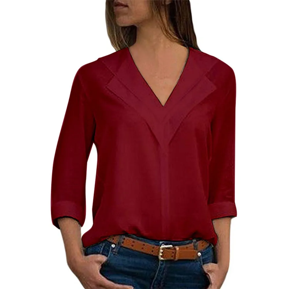
Women blouses solid long sleeve girl shirts Fashion Chiffon Solid Shirt Office Ladies Plain Roll Sleeve lady Blouse Tops 