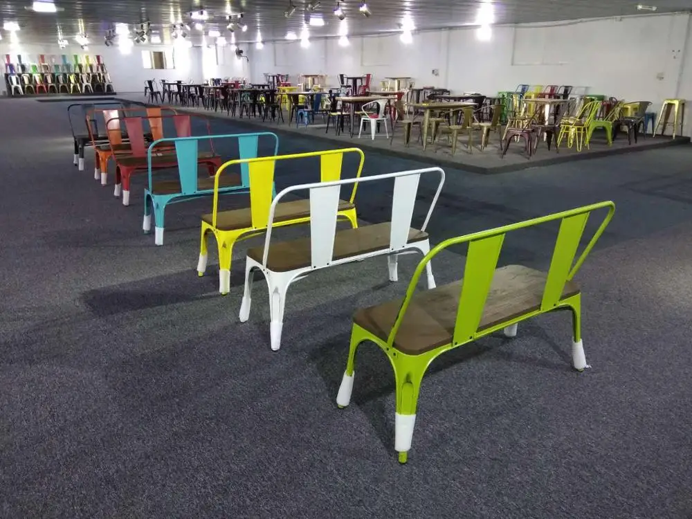Colourful vintage color solid wood and metal park bench chair iron steel frame indoor and outdoor furniture dining chair