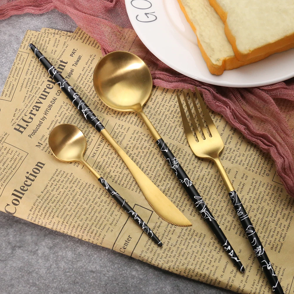 
18/10 Gold Plated Black Gold Matte Flatware Stainless Steel Marble Cutlery Set for Wedding 