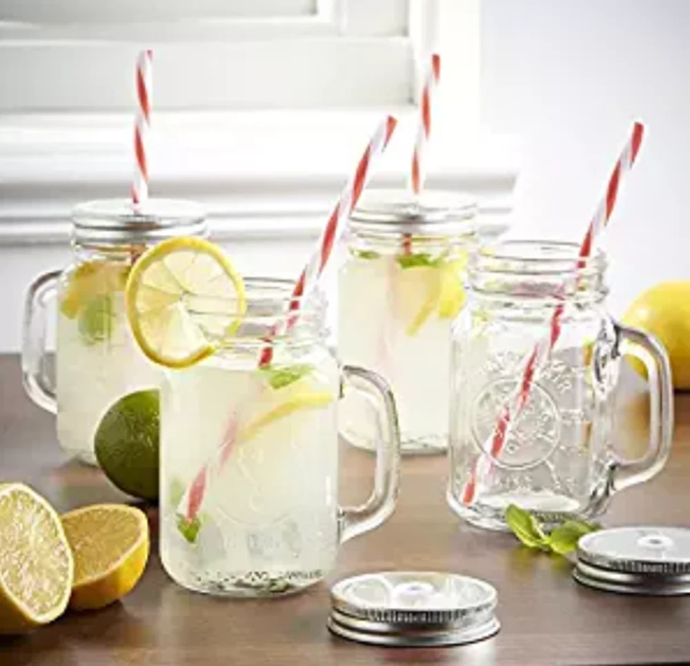 Mason Jar Mugs Drinking Jar with Handles, Lids, Reusable Straws Fruit Patterned Tin Lids and Straw Glass Machine Kitchen Summer