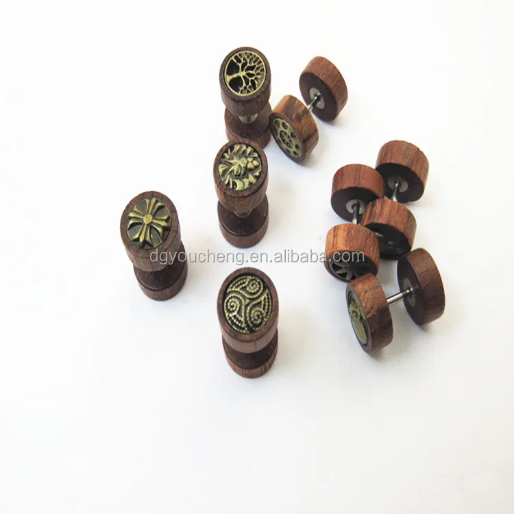 
16G Wood Fake Cheater Plugs Unisex Earrings Screw Stud Barbell Tunnel 