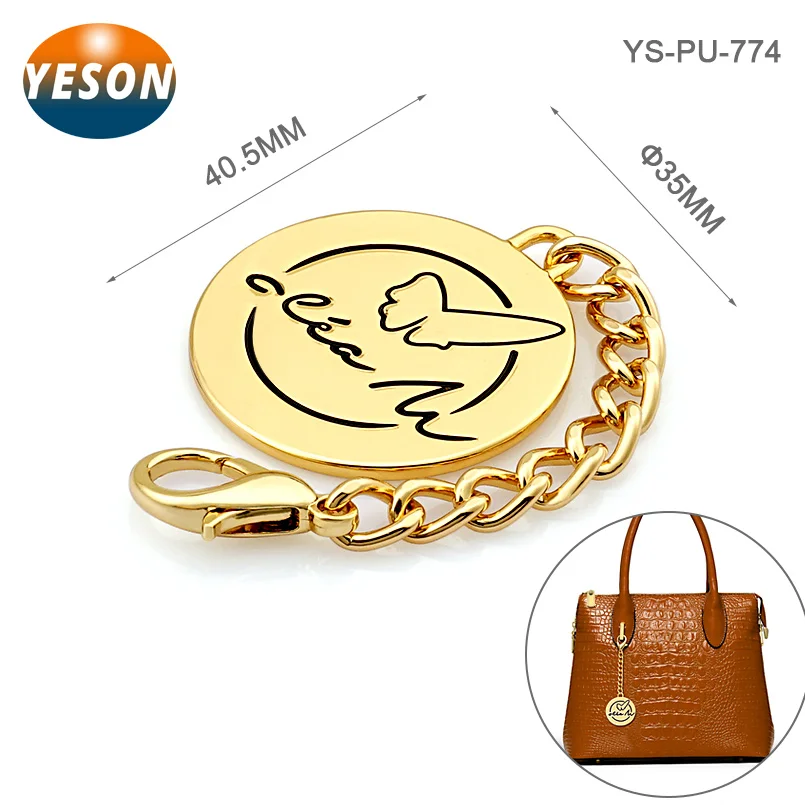 
Bag Hardware Engraved Logo Gold Metal Label, Custom Round Shape Metal Tag with Ring for Handbag 
