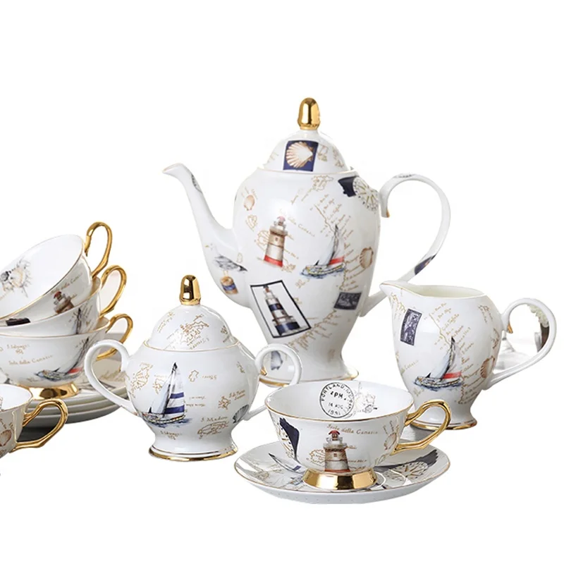 British ceramic 15pcs tea set porcelain elegant teapot milk pot sugar jar coffee cups