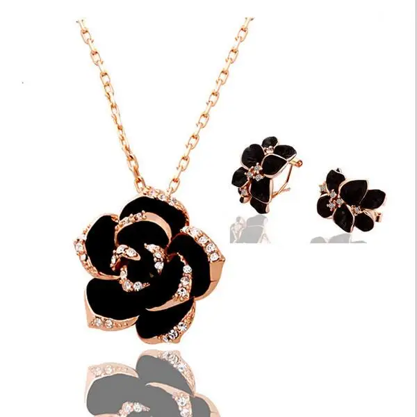 Camellia Design Pendant Plated Black Painting Rose Flower Necklace Earrings Jewelry Sets Gold Fashion Women Vintage Alloy Copper
