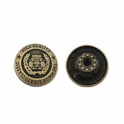 Antique brass embossed brand logo 20 mm jean button custom designer metal denim jean buttons
