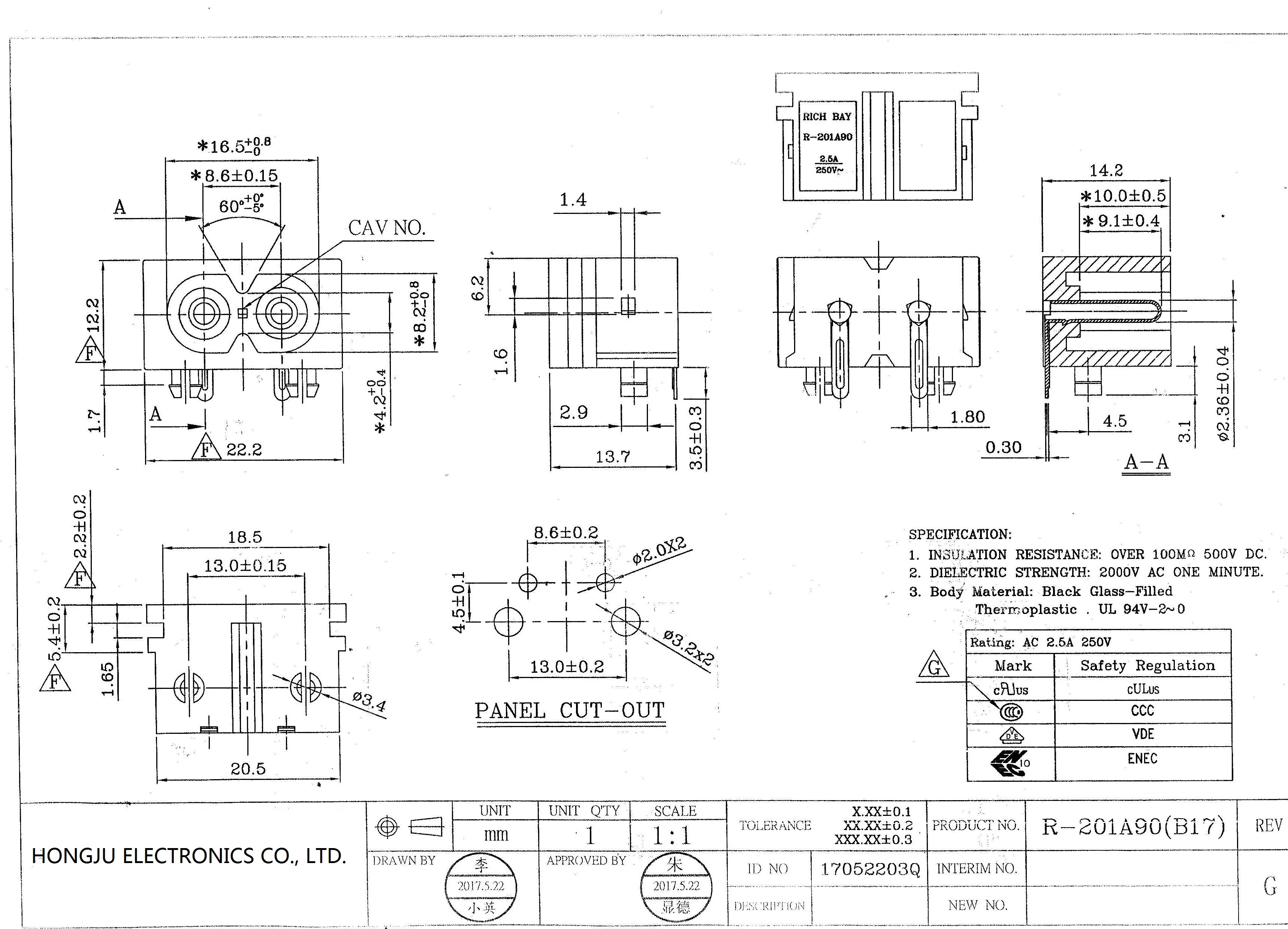 HONGJU R-201A90(B17) IEC C8 тип розетки 2pin разъем