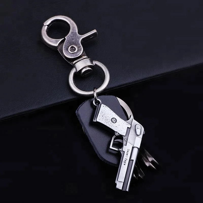 Promotional leather keyholder metal trinket gun keychain & keyrings for men women car key chains Souvenir Gift