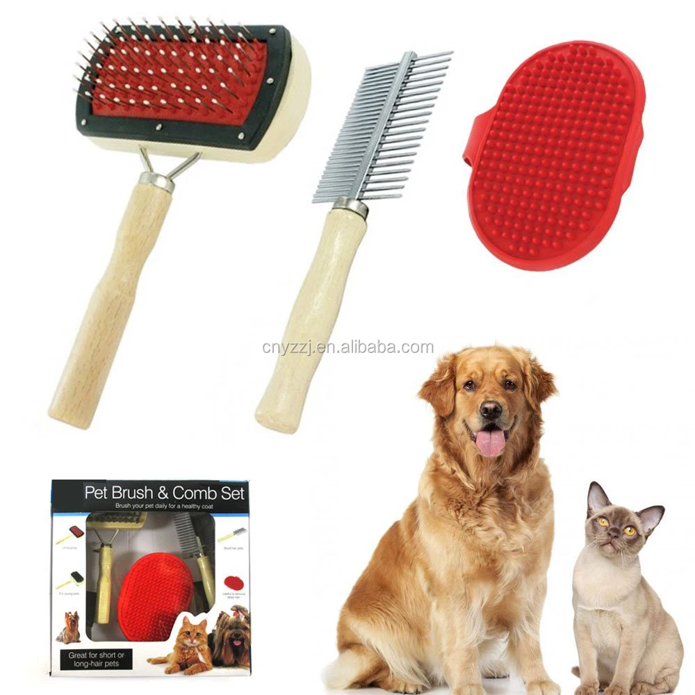 3 pc Pet Grooming Set Dog Brush Kit Pet Beard and Hair Brush Comb with Wooden Handle