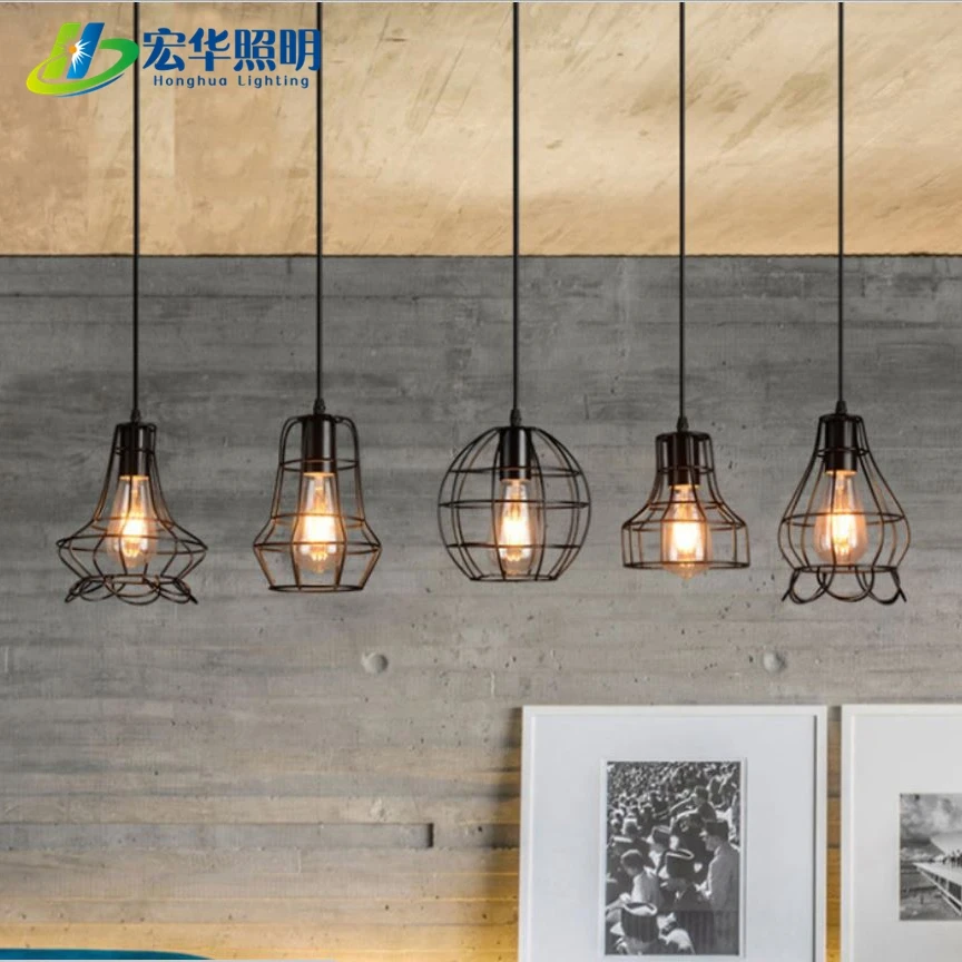 Black iron material suspended wire ceiling lighting decorative loft pendant lamps
