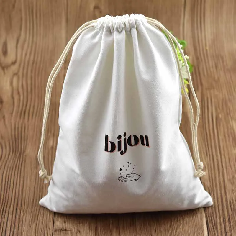 Сверхпрочная оптовая продажа Экологически чистая сумка на шнурке из органического хлопка с черной лентой