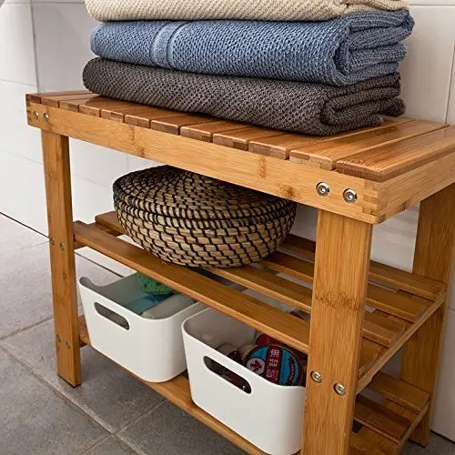 
Modern waterproof 3 tier single bamboo bathroom living room shower seat bench towel spa bath organizer stool with storage shelf 
