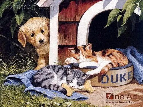 Realist dog and cats oil painting on canvas