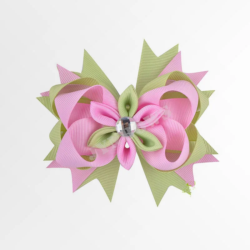 Wholesale boutique ribbon fabric flower Hair Clips Hair Bow Rhinestone Polyester Grosgrain Ribbon Bow Hair Clip Women School Kid