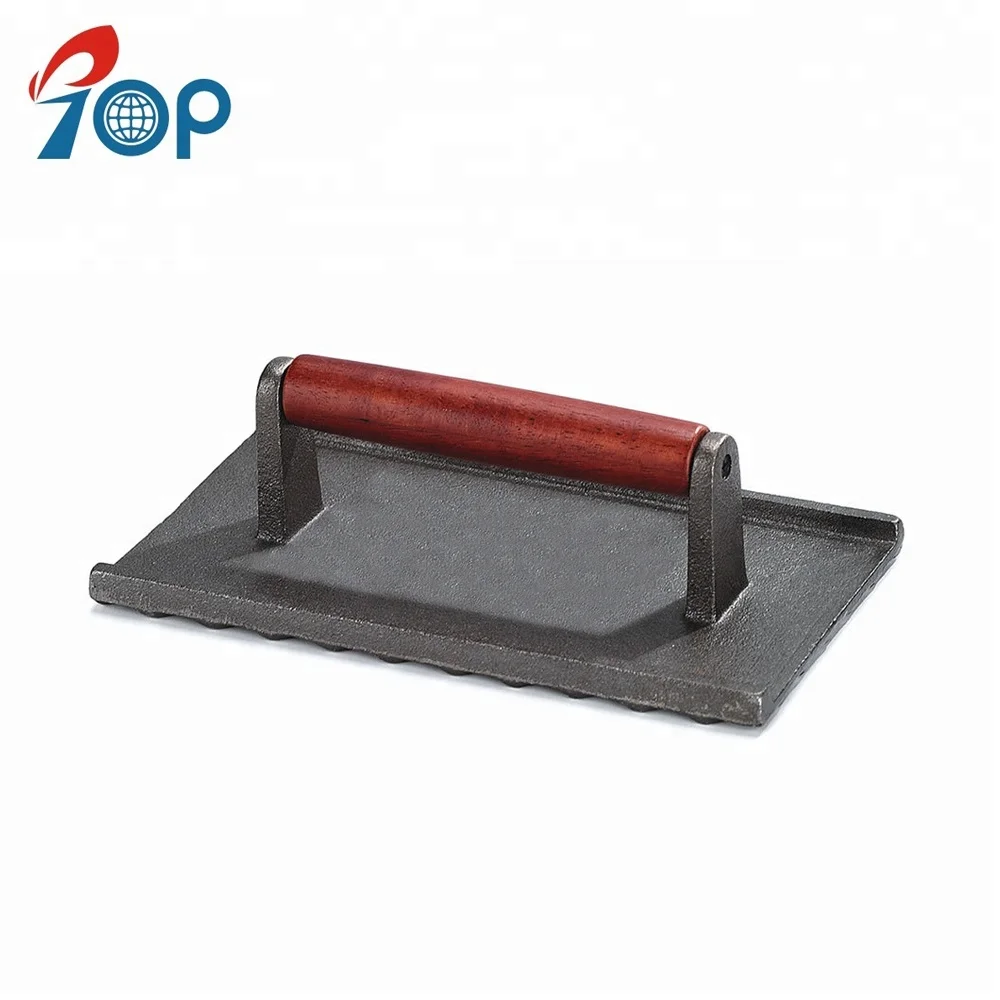 Cast iron steak weight & bacon meat burger grill press with wooden handle