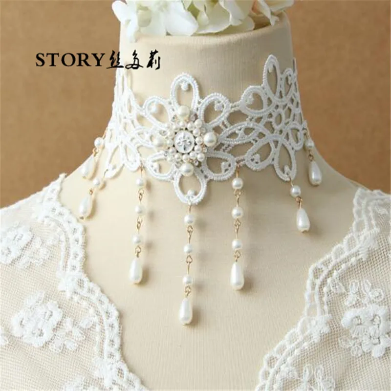 2018 Japan Fashion Pearl Beaded Handmade Sexy White Lace Wide Necklace Collar Neck Choker
