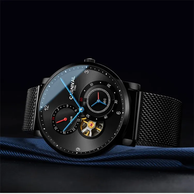 Fashion Tourbillon Mechanical watches CARNIVAL 8062 Automatic watch men Small second dial 24 hours display Sapphire Montre homme