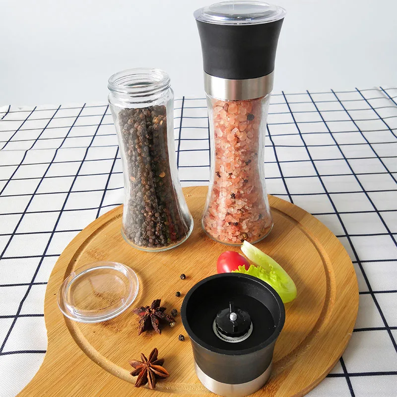Pepper Mill with Adjustable Coarseness, Ceramic Pepper Grinder Refillable, Glass Spice & Sea Salt Shaker with Stand