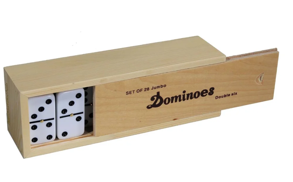 Dominoes Double 6, Tournament Size, Two Toned with Spinner (center) Rivets, in wooden education game set in wood box for kid pla