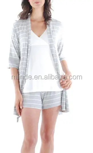 fat women Family nightwear 95% rayon / 5% spandex Gray Stripe 5-Piece Mommy & Me Nursing Set