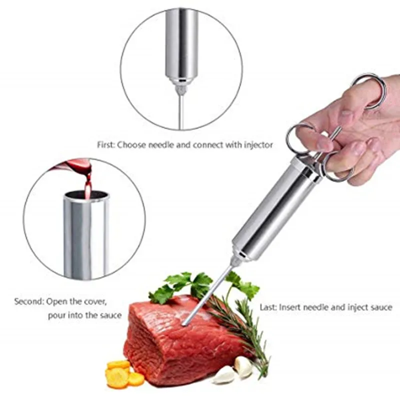 Premium BBQ Accessories Large Capacity Stainless Steel Meat Injector Syringe with 3 Marinade Needles