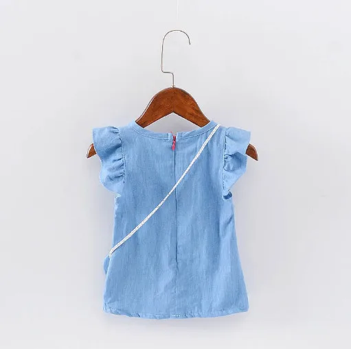 2017 Cotton denim dress girl kids summer children dress with lovely polka dot pocket girls denim dresses