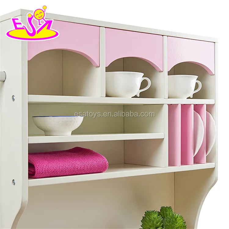 New design luxurious girls pretend play toys wooden pink toy kitchen W10C281