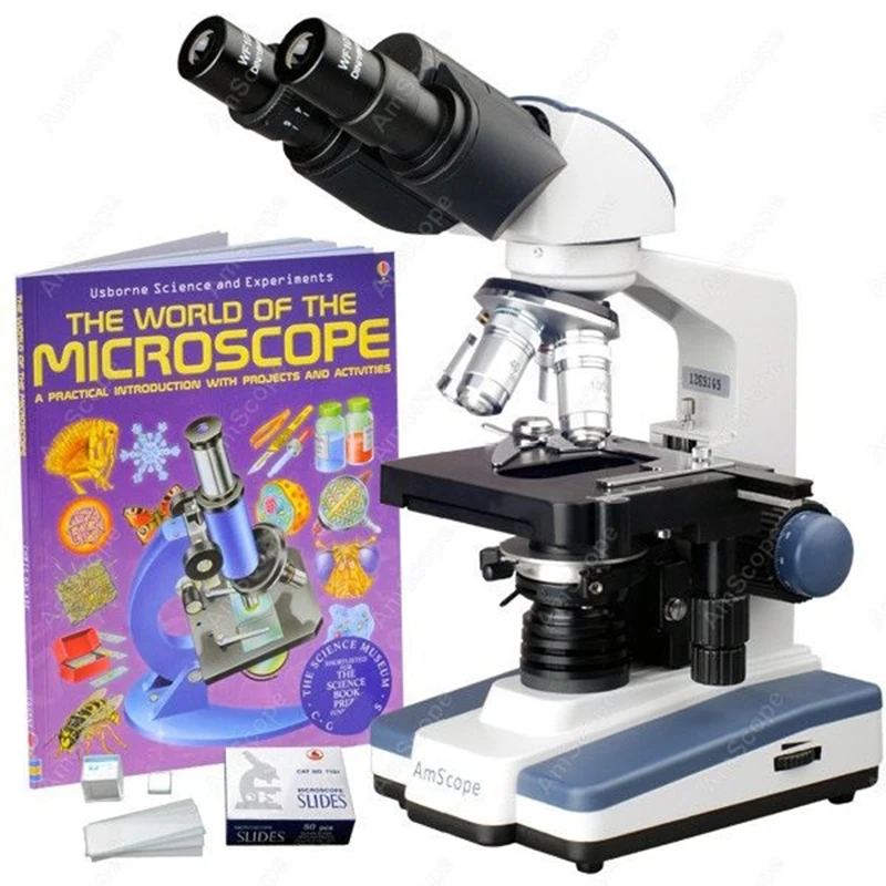 AmScope 2500X LED Lab Binocular Compound Microscope w/ 3D Stage, Book & Blank Slide Set