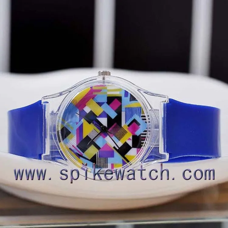 Lady vogue custom beautiful printing dial face transparent case plastic watch