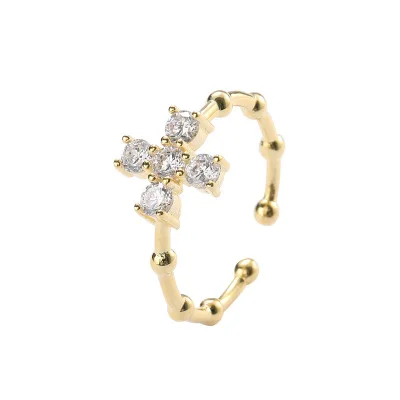 New Minimalist Bamboo Pave CZ Cross Charm Ring 925 Sterling Silver Open Cuff 18k Gold Ring Jewelry for Birthday Wedding