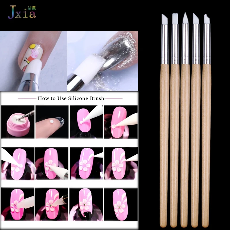 Jiexia 5Pcs/Set Small Size Nail Art Silicone Head Pen Clay Sculpture Carving Painting Brush Set