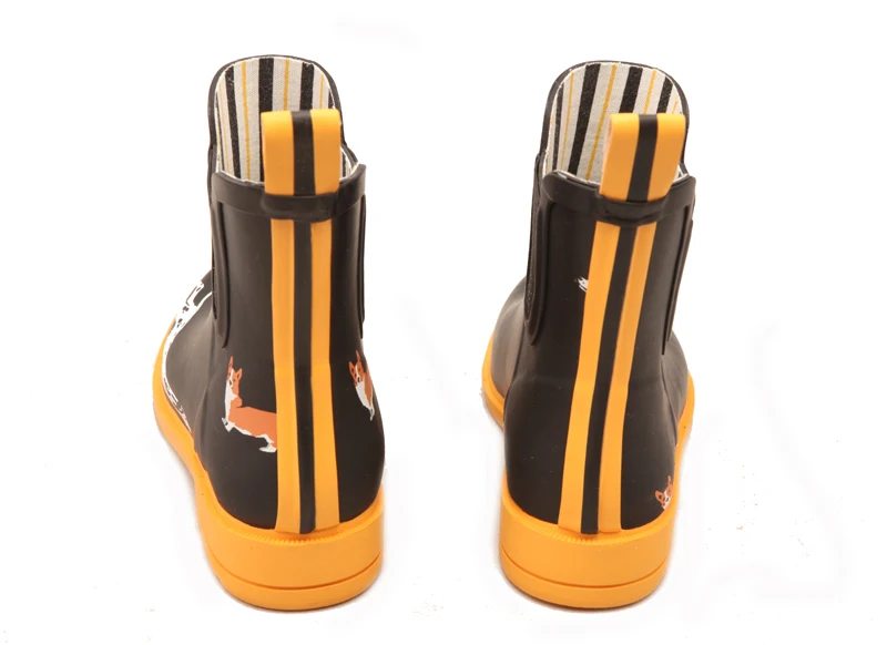 
black upper yellow rubber outsole lovely dog printed chelsea style elastic gore new style girls rain boot shoes wellies 