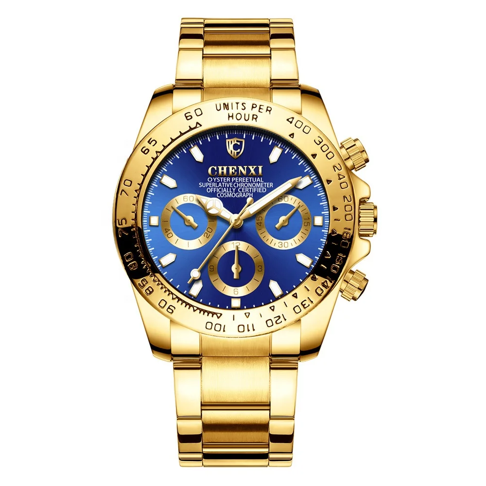 Custom 5 ATM Waterproof Wrist Watch Gold Color Men Luxury Watch Chronograph