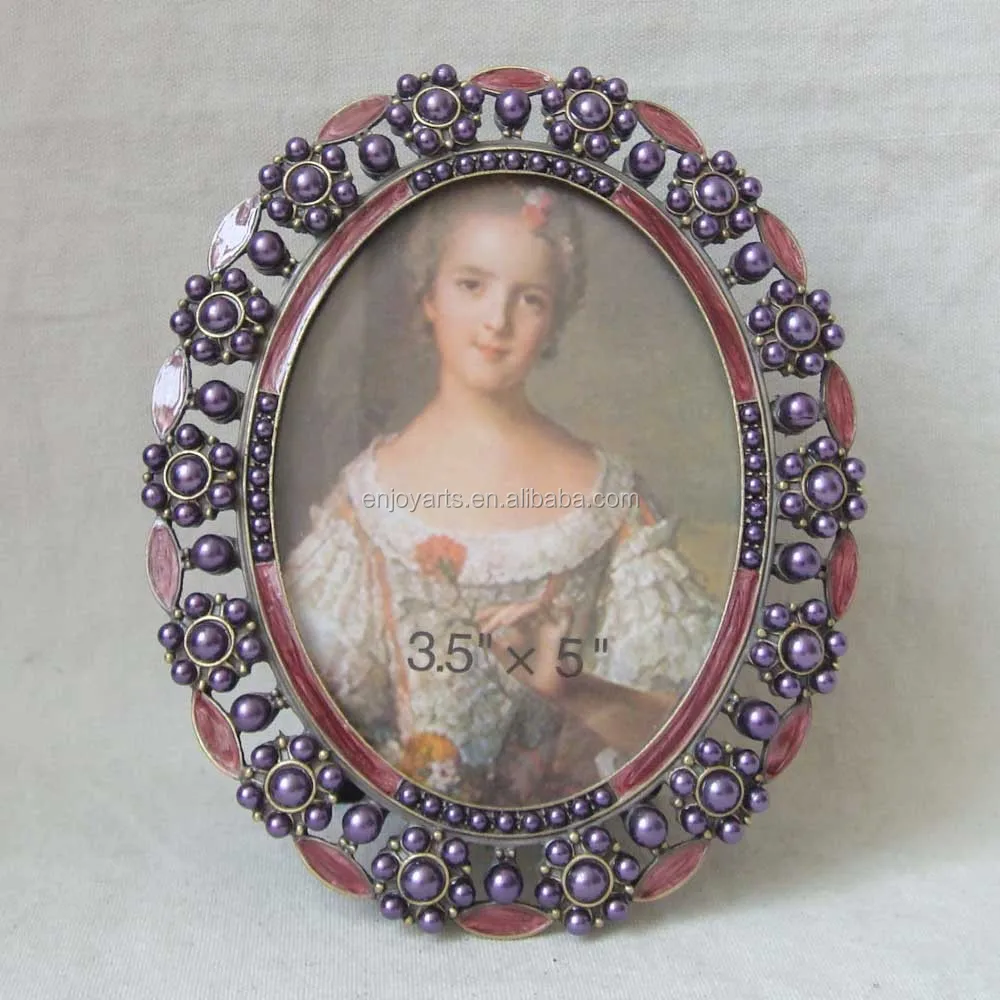 Purple Pearls With Pink Enamel Oval Girls Metal Zinc Alloy Picture Photo Frame 3.5x5 Inch (P0163135a)