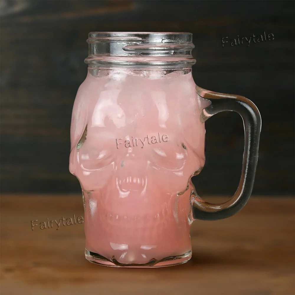 
Ghost Head Shaped Glass Mason Jar Mug with Tin and Handle 