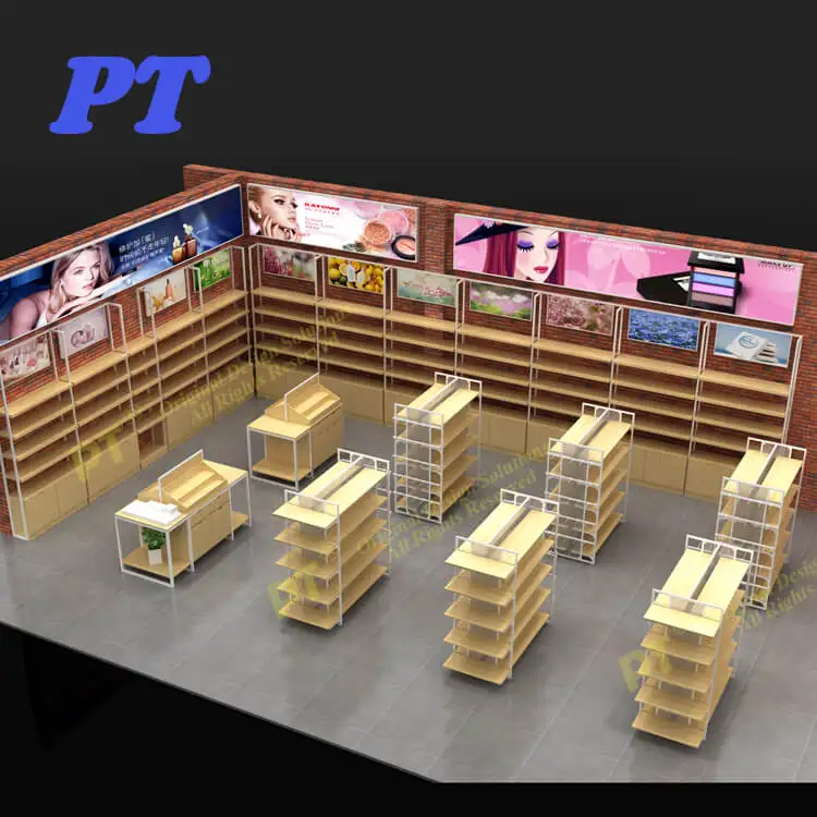 Wooden Wall Beauty Supply Cosmetics Retail Store Fixtures