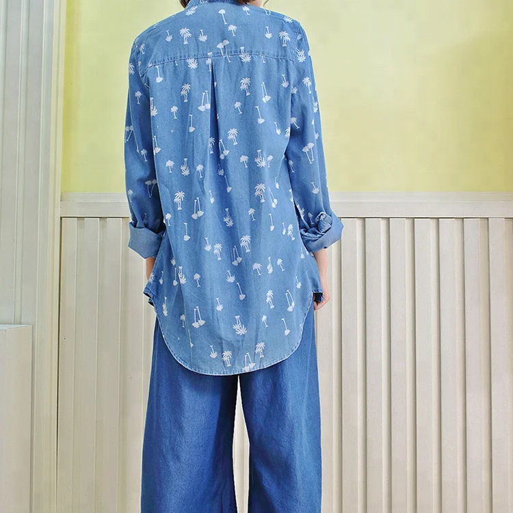 
Young ladies 100% cotton chambray casual long sleeves shirt , loose fit blouses 