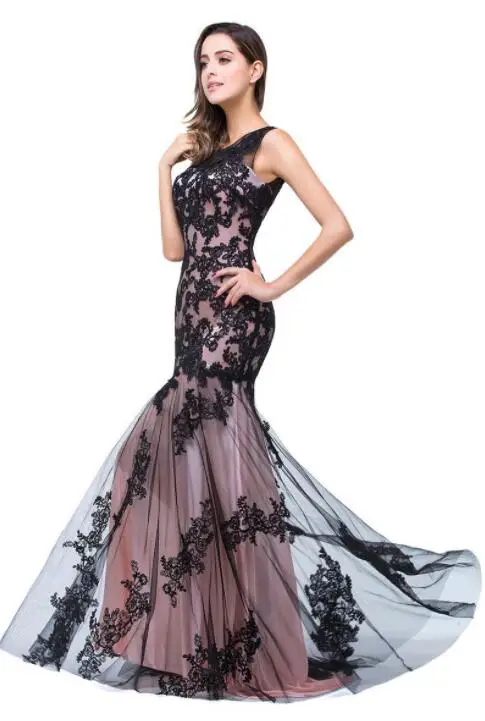 Pink Lining Black Lace Tulle Dresses Fish Tail Black Lace Tulle Dresses