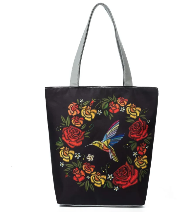 Women Black Bottom Printing Polyester Beach Hand Bag or Negotiable Custom 5 Days Flowers 3 Pcs Square 27x11x38cm as Image CN;JIA