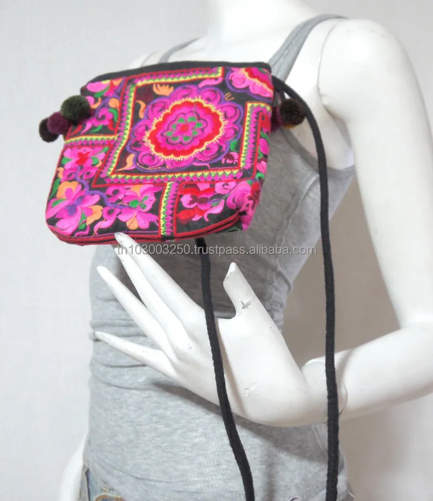 VTG HIPPIE BOHO Thai Pom Pom Handmade Embroidery Yamm Pouch hmong Hill Tribe Bag Small String Bag Messenger Crossbody U
